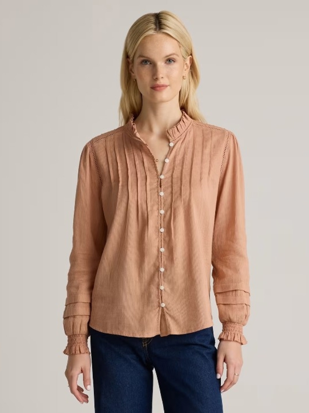 Quince XL Organic Textured Cotton Peasant Blouse Cafe Au Lait Romantic Boho